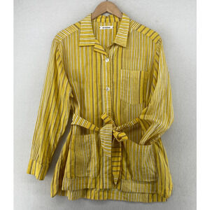 NYMANE Top Womens M Utility Striped Shirt Button Up Long Sleeve Tie Belt Yellow